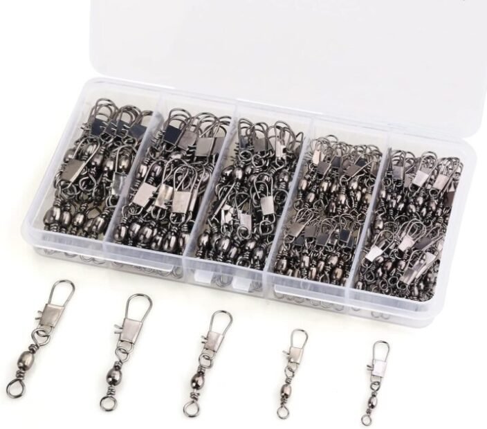 200PCS Barrel Snap Swivel Fishing Accessories, Premium Fishing Gear Equipment with Ball Bearing Swivels Snaps Connector for Quick Connect Fishing Lures