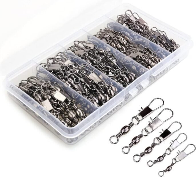 200PCS Barrel Snap Swivel Fishing Accessories, Premium Fishing Gear Equipment with Ball Bearing Swivels Snaps Connector for Quick Connect Fishing Lures