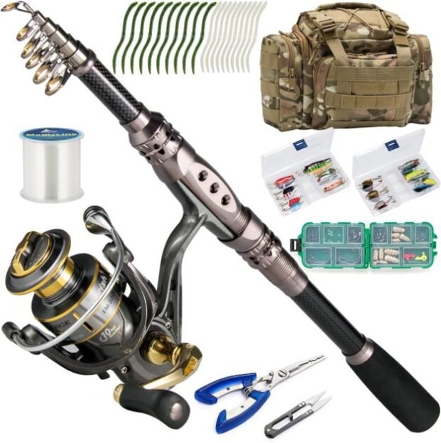 Dr.Fish Fishing Rod and Reel Combos 125pcs Full Kit Carbon Fiber Telescopic Spinning Rod 9+1BB Spinning Reel Tackle Bag Lines Lure Bait Accessories Fishing Gear Kit Organizer 4 Size Rod Saltwater Freshwater