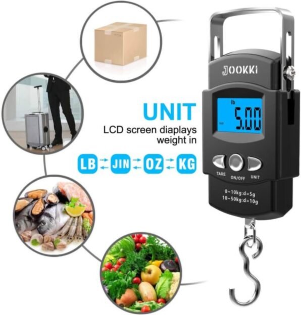 Fish Scale,JOOKKI Hanging Scale Portable Dial Scale LCD Digital Weight Electronic Scale 110lb/50kg with a Tape Measure for Tackle Bag,Luggage,Baggage,(Black)