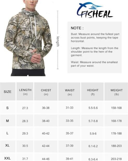 FISHEAL Mens Hunting Shirts with Mask - UPF 50+ Camo Long Sleeve Fishing Hoodie Shirt with Adjustable Drawstring