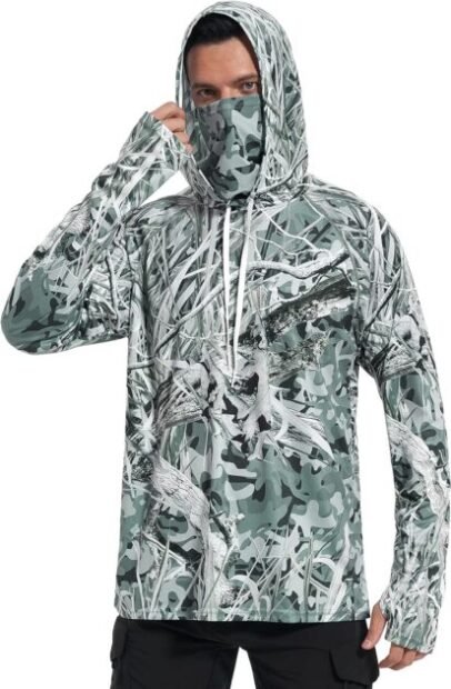 FISHEAL Mens Hunting Shirts with Mask - UPF 50+ Camo Long Sleeve Fishing Hoodie Shirt with Adjustable Drawstring