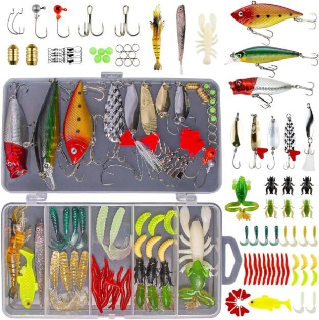 GOANDO Fishing Lures Kit for Freshwater Bait Tackle Kit for Bass Trout Salmon Fishing Accessories Tackle Box Including Spoon Lures Soft Plastic Worms Crankbait Jigs Fishing Hooks