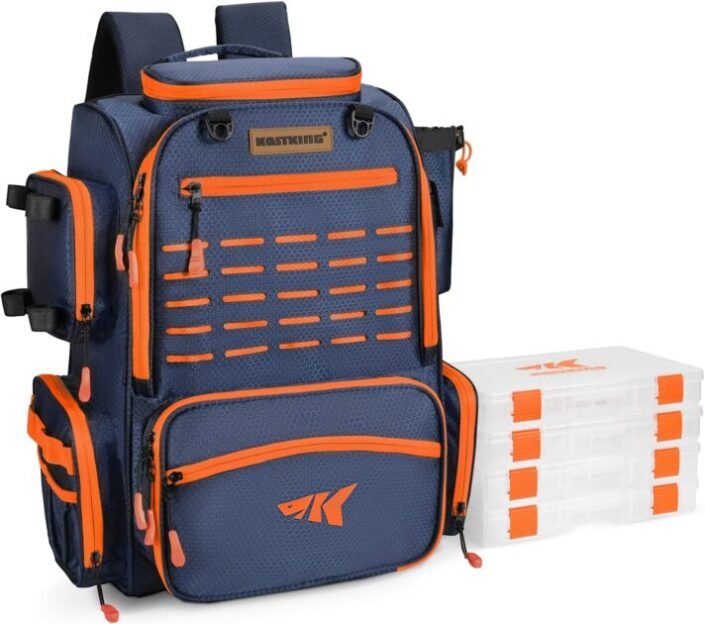 KastKing Bait Boss Fishing Tackle Backpack with Rod Holders-4 Tackle Boxes-Rain Cover,43L Large Storage for Fishing Gear        Material: Nylon