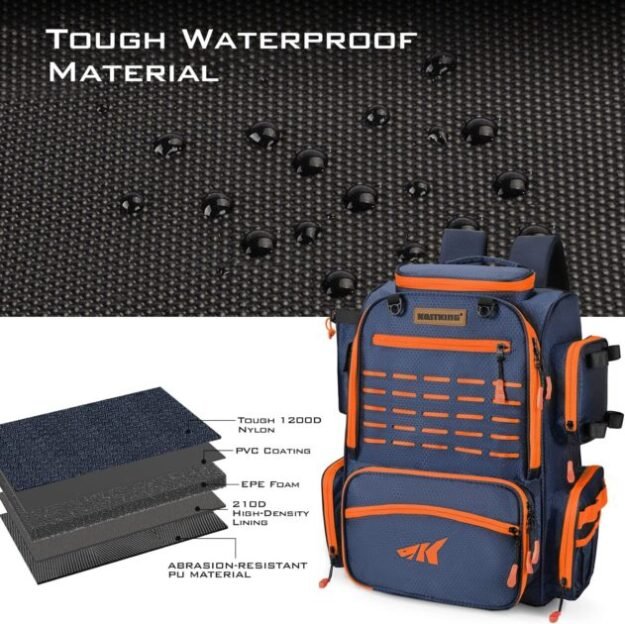 KastKing Bait Boss Fishing Tackle Backpack with Rod Holders-4 Tackle Boxes-Rain Cover,43L Large Storage for Fishing Gear        Material: Nylon
