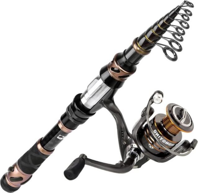 PLUSINNO Fishing Rod and Reel Combos - Carbon Fiber Telescopic Fishing Pole - Spinning Reel 12 +1 Shielded Bearings Stainless Steel BB