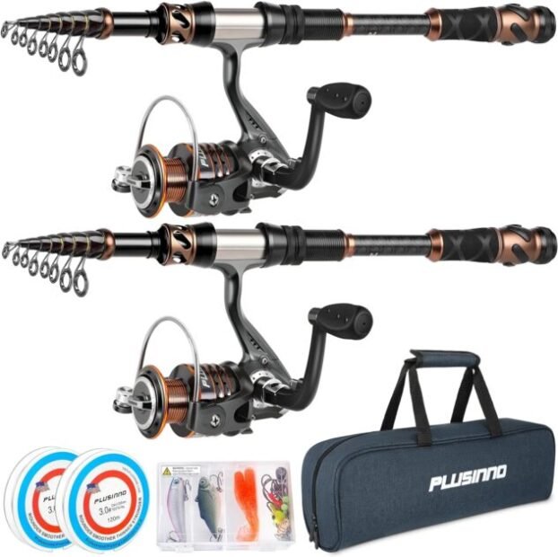 PLUSINNO Fishing Rod and Reel Combos - Carbon Fiber Telescopic Fishing Pole - Spinning Reel 12 +1 Shielded Bearings Stainless Steel BB