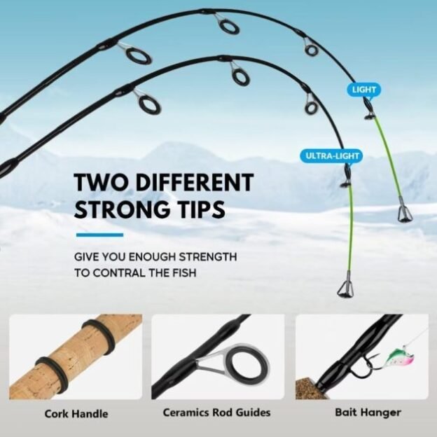 QualyQualy Ice Fishing Rod and Reel Combo 26 inch Light/Ultra-Light Inline Ice Fishing Combos 2 Different Tips for Walleye Perch Panfish and Trout