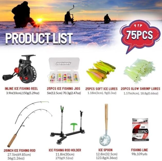 QualyQualy Ice Fishing Rod and Reel Combo, Ice Fishing Combo Complete Set Ice Fishing Kit with Ice Fishing Rod Holder Ice Fishing Jig Line