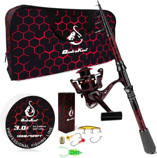QudraKast Fishing Rod and Reel Combos, Unique Design with X-Warping Painting, Carbon Fiber Telescopic Fishing Rod, Best Gift for Fishing Beginner and Angler