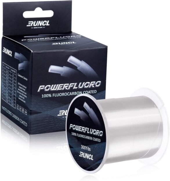 RUNCL PowerFluoro Fishing Line, 100% Fluorocarbon Coated Fishing Line, Fishing Leader Line - Virtually Invisible, Faster Sinking, Extra Sensitivity, Abrasion Resistance, UV Resistance - 300Yds, 5-32LB