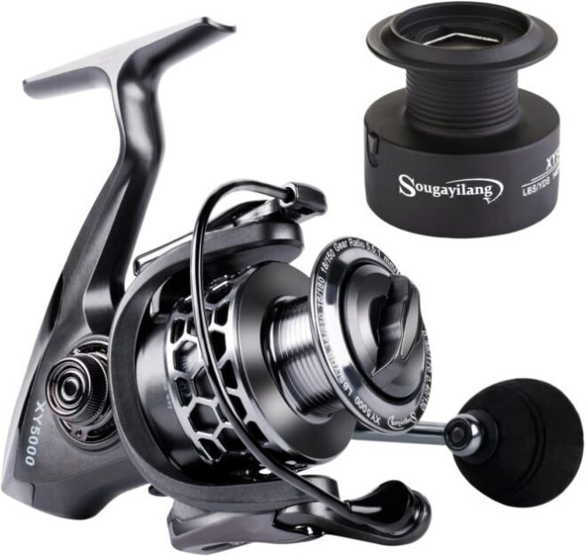 Sougayilang Fishing Reel 13+1BB Light Weight Ultra Smooth Aluminum Spinning Fishing Reel with Free Spare Graphite Spool