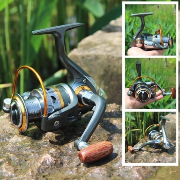 Sougayilang Spinning Fishing Reels with Left/Right Interchangeable Collapsible Wood Handle Powerful Metal Body 5.2:1/5.1:1 Gear Ratio Smooth 11BB for Inshore Boat Rock Freshwater Saltwater Fishing