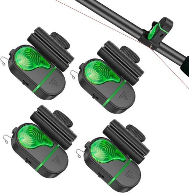 TSV 4 PCS Fishing Bite Alarm, Sensitive Electronic Fishing Alarms Indicator, Sound Bite Alert Bell with LED Lights Fishing Bells Clip On Fishing Rod for Daytime Night Carp Fishing Outdoor