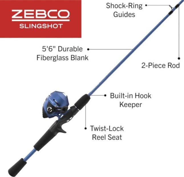 Zebco Slingshot Spincast Reel and Fishing Rod Combo, 5-Foot 6-Inch 2-Piece Fishing Pole, Size 30 Reel, Right-Hand Retrieve, Pre-Spooled with 10-Pound Zebco Line